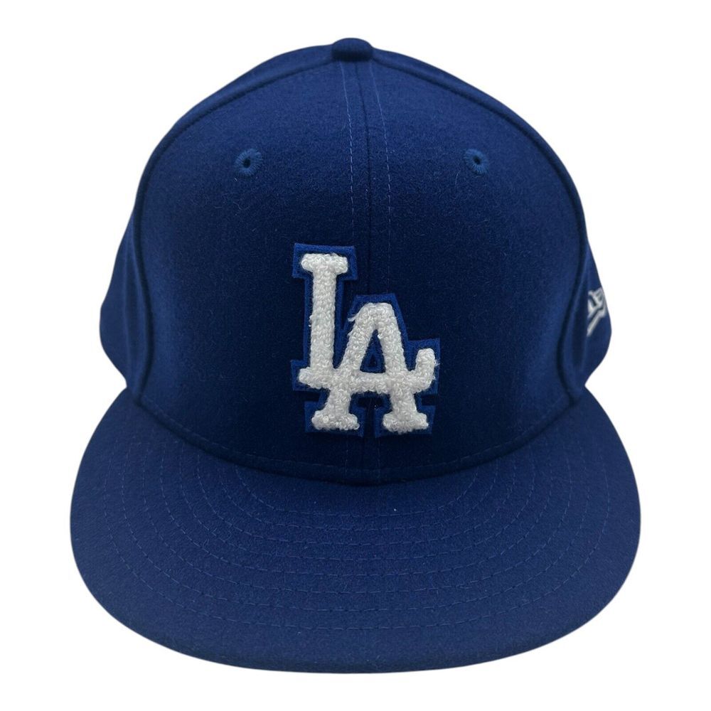 New Era 59Fifty Los Angeles Dodgers Hat Cap 7 7/8 Blue Melton Wool Chenille Logo